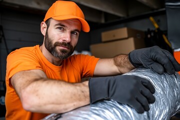 A man in an orange shirt and black gloves holding a piece of duct tape