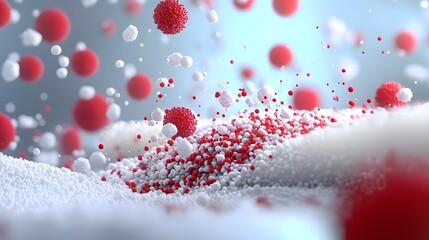 Obraz premium Vivid and detailed of red and white microscopic cells interacting under a high powered microscope in a laboratory setting showcasing the complex and dynamic nature of cellular processes