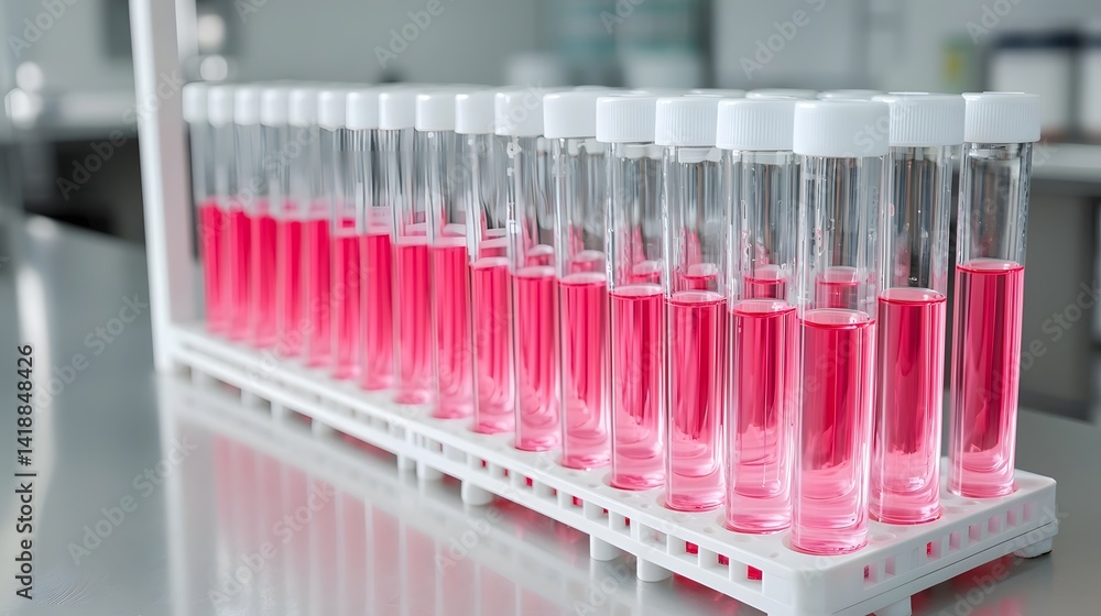 Poster sterile laboratory vials filled with extracted plasma ready for additional processing and analysis a