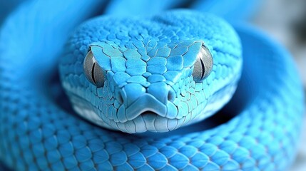 Striking Blue Viper Snake Closeup Face with Intense Eyes and Scales in Sharp Focus