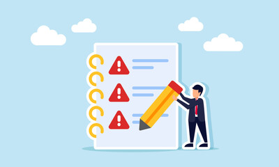 Businessman holding a pencil next to a document with a list marked with exclamation points, illustration of noting important points that need special attention