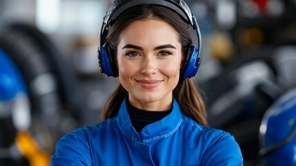 A woman wearing a blue jacket and headphones in a garage