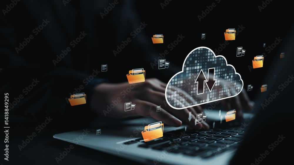 Aufkleber a user seamlessly uploads data to cloud storage, illustrated by file folders and arrows, showcasing 