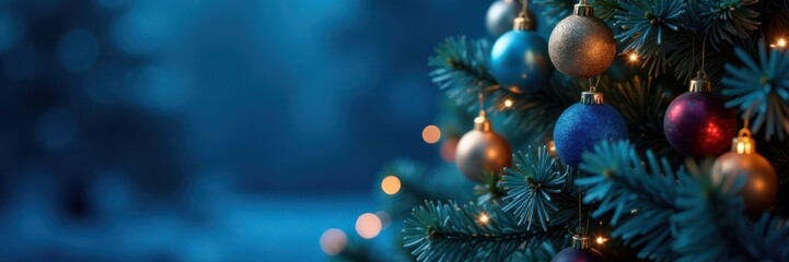 Blue Christmas Tree with Ornaments and Lights, Christmas tree, blue background