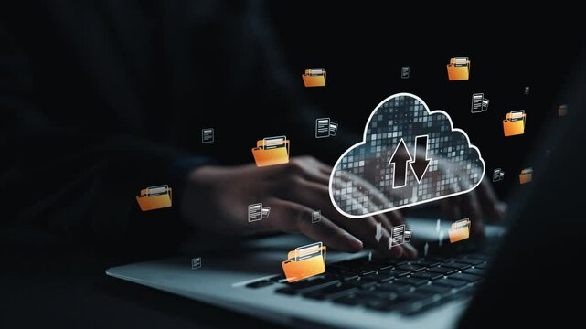 A user seamlessly uploads data to cloud storage, illustrated by file folders and arrows, showcasing modern technology role in data management and sharing. Qubit