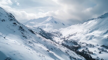 Snowy Mountain Valley Landscape.