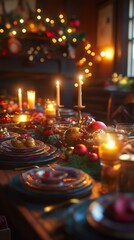 A cozy Christmas dining table awaits gathering. Beautiful decorations and warm candles create a festive atmosphere. A perfect setting for holiday celebrations. Generative AI