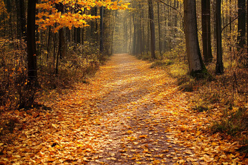 Obraz premium Golden autumn forest path illuminated by soft morning sunlight through colorful foliage