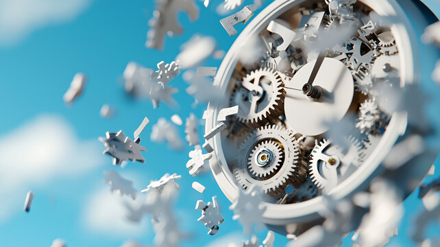 clock with intricate gears is exploding into pieces against blue sky, symbolizing passage of time and mechanical precision
