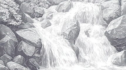 Monochromatic Mountain Waterfall Cascading Over Rocks, Forest Background