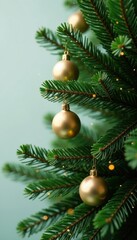Evergreen branch with ornaments and gold, gold, christmas elements