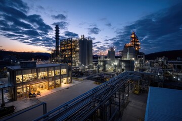 Fototapeta premium Industrial Plant: Night View of Structures, Pipes, and Towers Under Twilight Sky