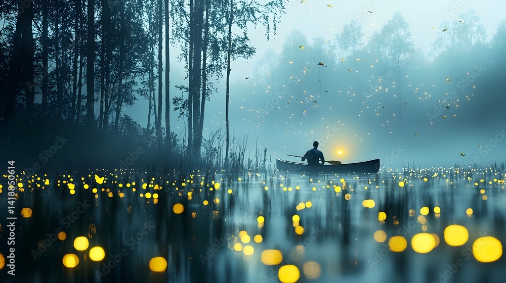 Poster serene canoe floating through a misty swamp surrounded by glowing fireflies and ancient towering tre