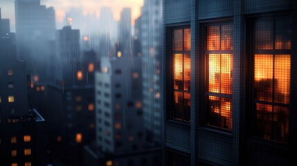 Urban window glow at dusk, city lights in background