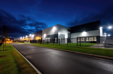 Night View of Modern Industrial Building Complex with Well-Lit Facade and Secure Fencing at Night