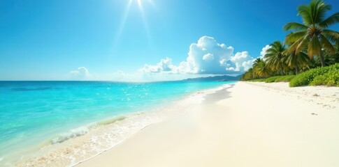 Warm sunshine illuminates a vast expanse of white sandy beach, with crystal clear turquoise waters lapping gently against the shore , water, beach