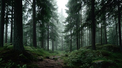 Fototapeta premium Misty forest path. Dense trees line a narrow path through a foggy woodland. Soft moss and rocks are visible on the forest floor