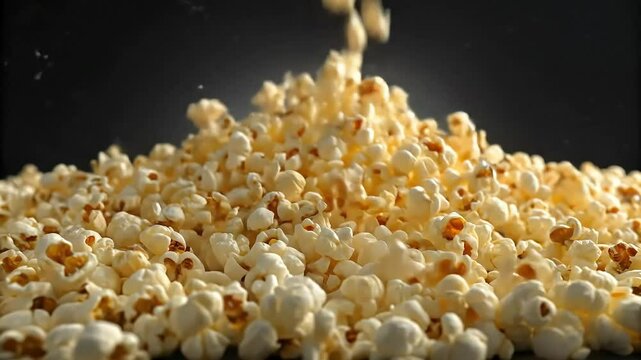 A salty popcorn falling, a tasty cinema snack, isolated on a black background