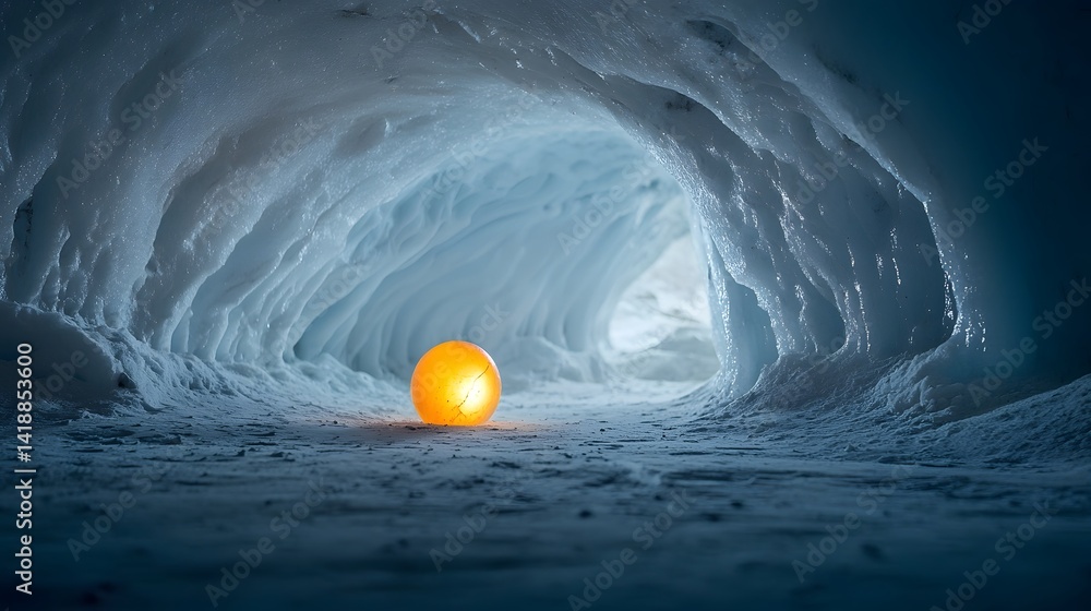 Poster captivating image of a glowing meteorite embedded within an icy glacier surrounded by a swirling flu