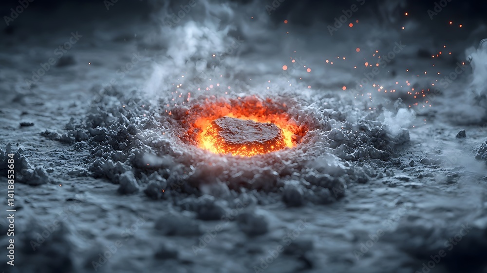 Poster glowing meteorite embedded within an icy glacier surrounded by swirling and captivating snow flurrie