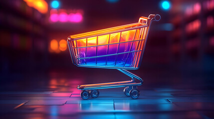 Abstract Shopping Cart in Neon Lit Supermarket Aisle with Metallic Grid Design And Shiny Reflections