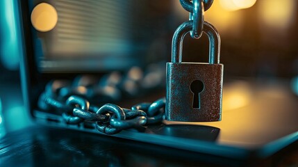 Secure digital data with a locked padlock and chain.