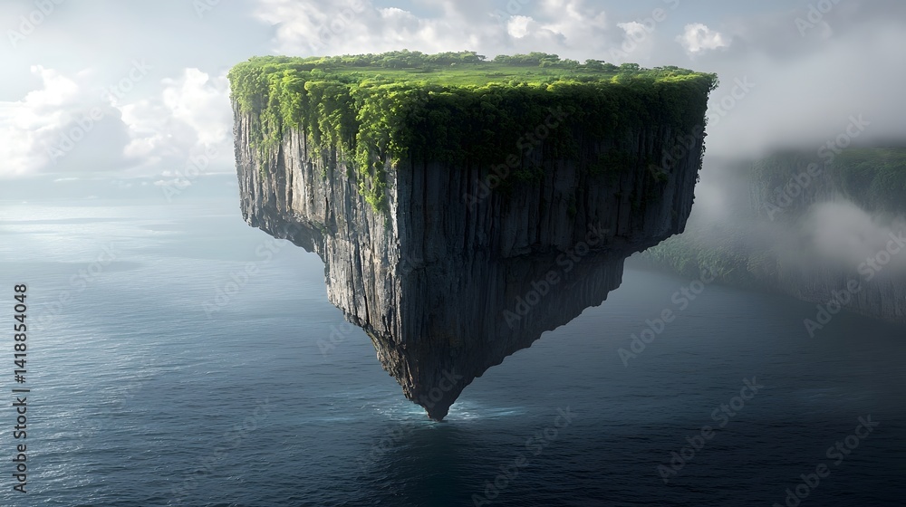 Poster lush verdant floating island suspended weightlessly over the open ocean creating a serene and enchan