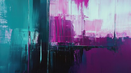 A vibrant abstract painting featuring teal, pink, and purple hues.