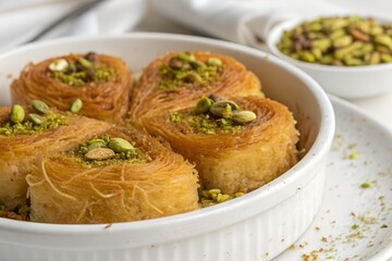 Middle Eastern kunafa with pistachio garnish, arranged on a white ceramic dish