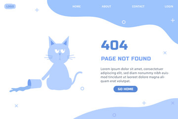 Flat illustration of 404 error page with funny cat concept of lost internet connection modern web page template not found minimal style user interface design vector banner