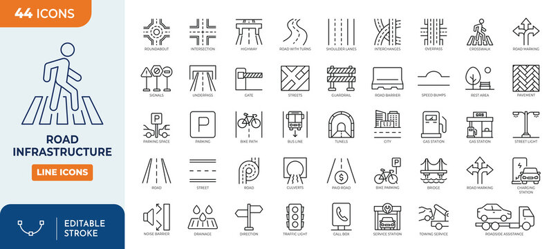 Road infrastructure icon set. Outline Icon Collection. Editable stroke. Vector illustration	