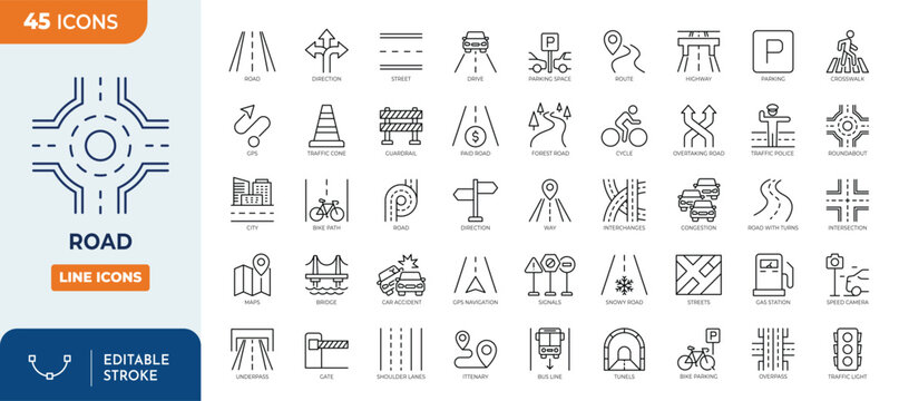 Road icons set. Containing street, highway, traffic light, signpost, parking, route, drive, crosswalk, roundabout, and more. Outline Icon Collection. Vector illustration. Editable stroke	