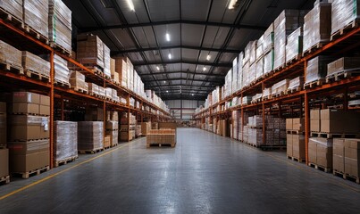 Vast warehouse interior filled with stacked cardboard boxes on metal shelving units
