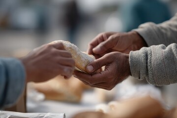 Hands exchanging food symbolize compassion and support for vulne