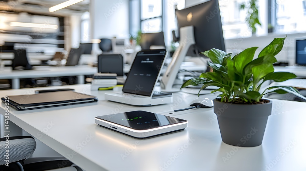 Aufkleber sleek and streamlined office workspace with wireless charging station and ambient led lights providi