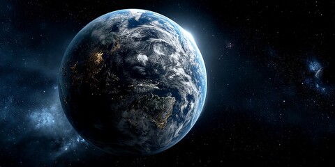 Obraz premium Earth from space, detailed view of continents and atmosphere, illuminated by sunlight