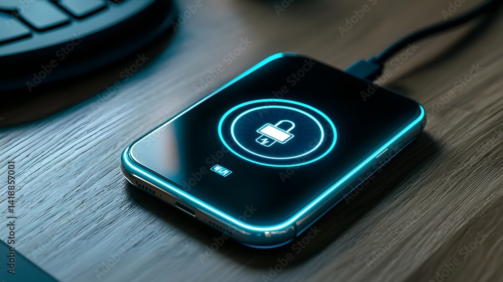 Aufkleber close up view of an illuminated wireless charging pad that is powering a smart device showcasing the