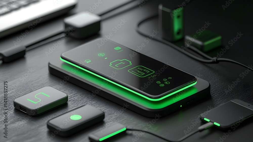 Poster wireless charging station with a sleek digital interface panel that displays the battery levels and 