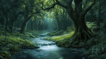 Serene Forest Stream: A Mystical Landscape with Ancient Trees and Flowing Water