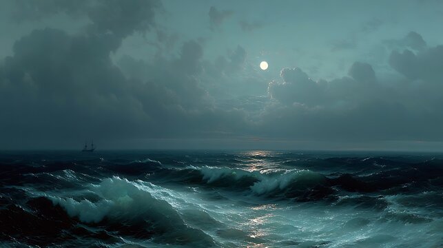 Nocturnal sea, moonlit waves, stormy clouds