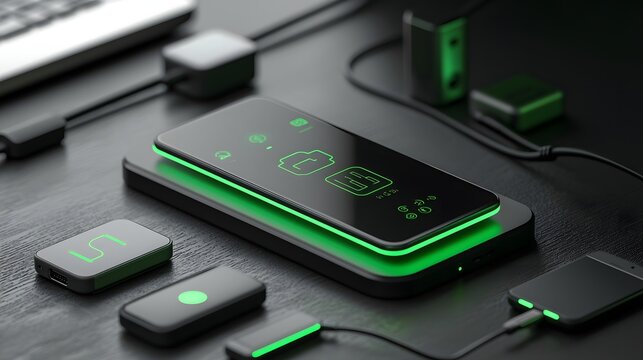 Wireless charging station with a sleek digital interface panel that displays the battery levels and charging status of connected devices