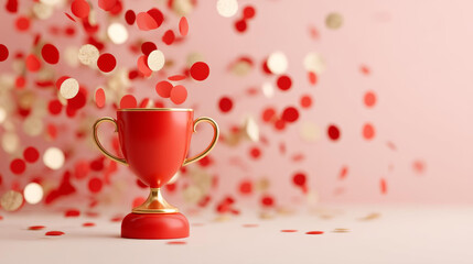 vibrant red trophy stands proudly against soft pink background, surrounded by colorful confetti