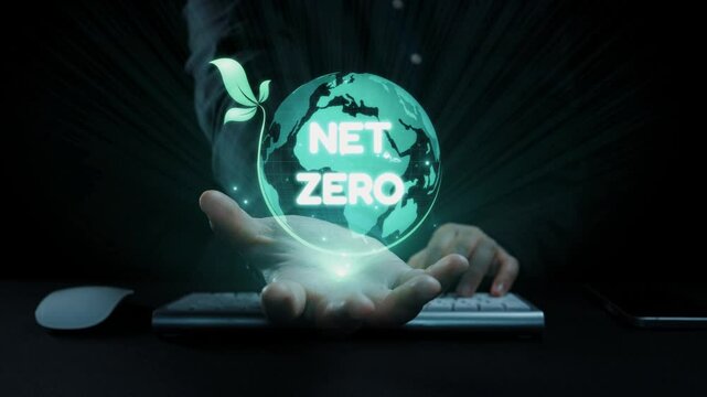 A visual representation of net zero emissions, showcasing a glowing Earth in hand surrounded by green icons symbolizing technology, sustainability, and environmental awareness. Qubit