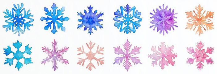 Watercolor Snowflakes Set Hand Drawn Doodle Winter Shapes Decorations Christmas Background Vector Icons