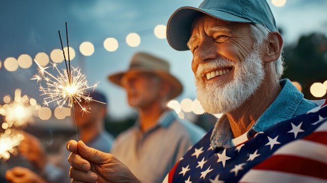 A joyful senior man smiles, holding a sparkler at a patriotic outdoor celebration.