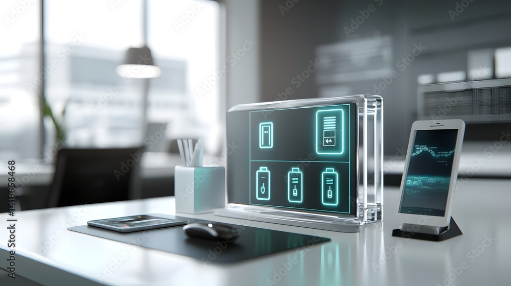 Poster a sleek modern transparent desk with an integrated futuristic charging dock that features holographi