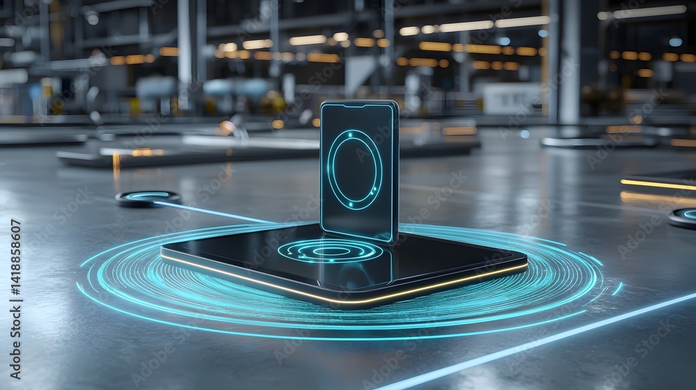 Poster a futuristic and ambient scene showcasing the visualization of wireless charging signals as glowing 