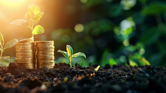 Investment Seeds of Growth: Sunlight illuminates coins nestled in fertile soil, representing financial growth and prosperity, and a vibrant visualization of the power of investment.