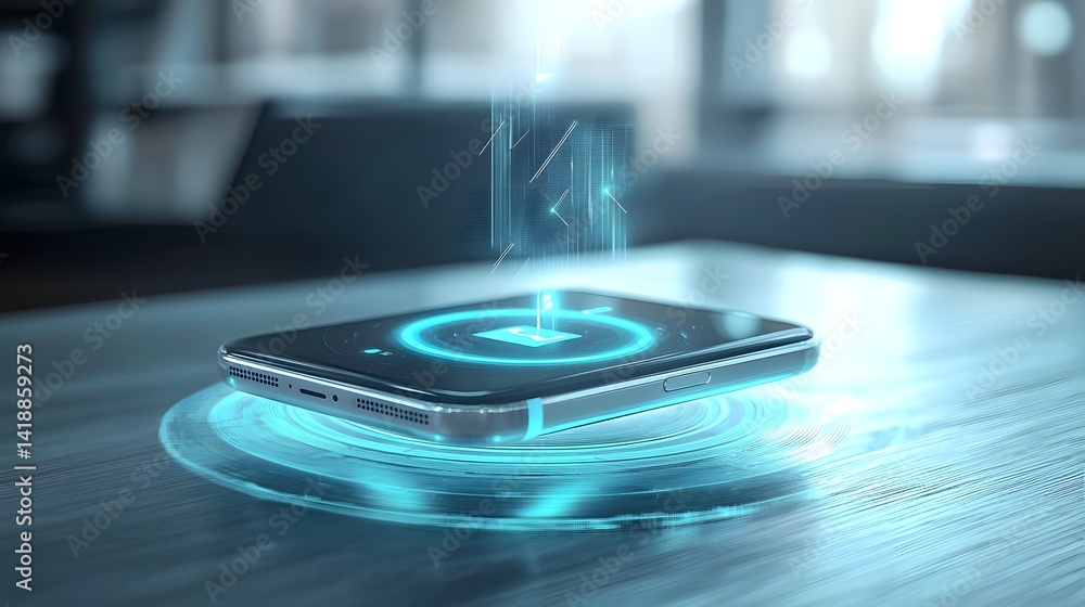 Poster a captivating futuristic image showcasing a smartphone levitating above a wireless charging pad with
