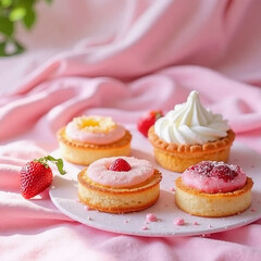 kawaii picnic desserts, pastel setup, fruit tarts, roll cake, mochi, whipped cream, sprinkle sugar, gingham, floating shapes, round font, bright cozy light